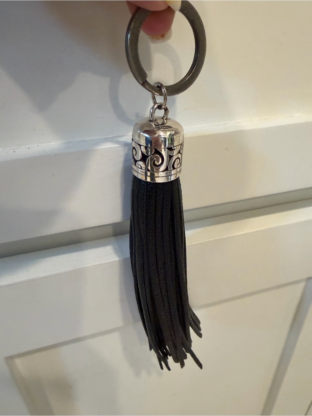 Brighton Black Leather Tassel Keychain with Silver-Tone Cap